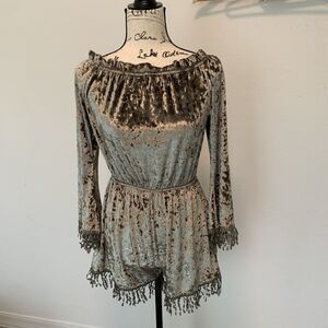 Blithe LA Green Crushed Velvet Long Sleeve Fringe Romper Size S